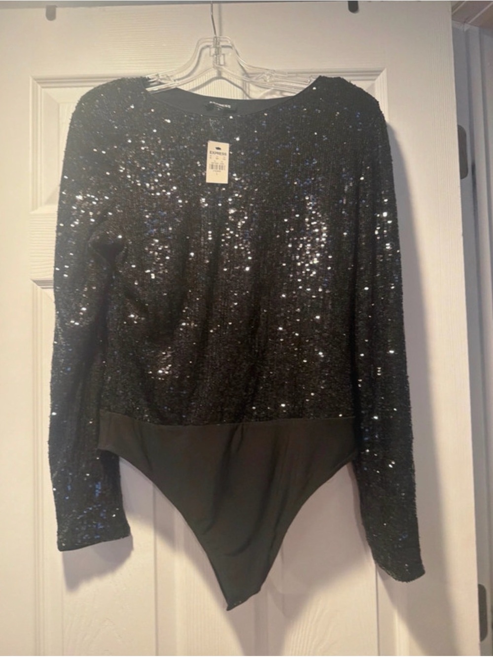 Express Black Sequin Long-Sleeve Bodysuit